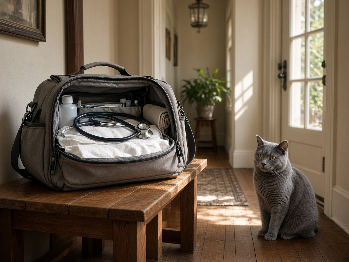 A veterinary bag on an entry bench with a cat nearby