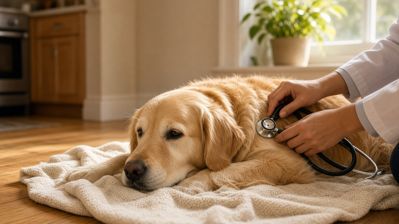 A dog examined on a kitchen floor during a house call