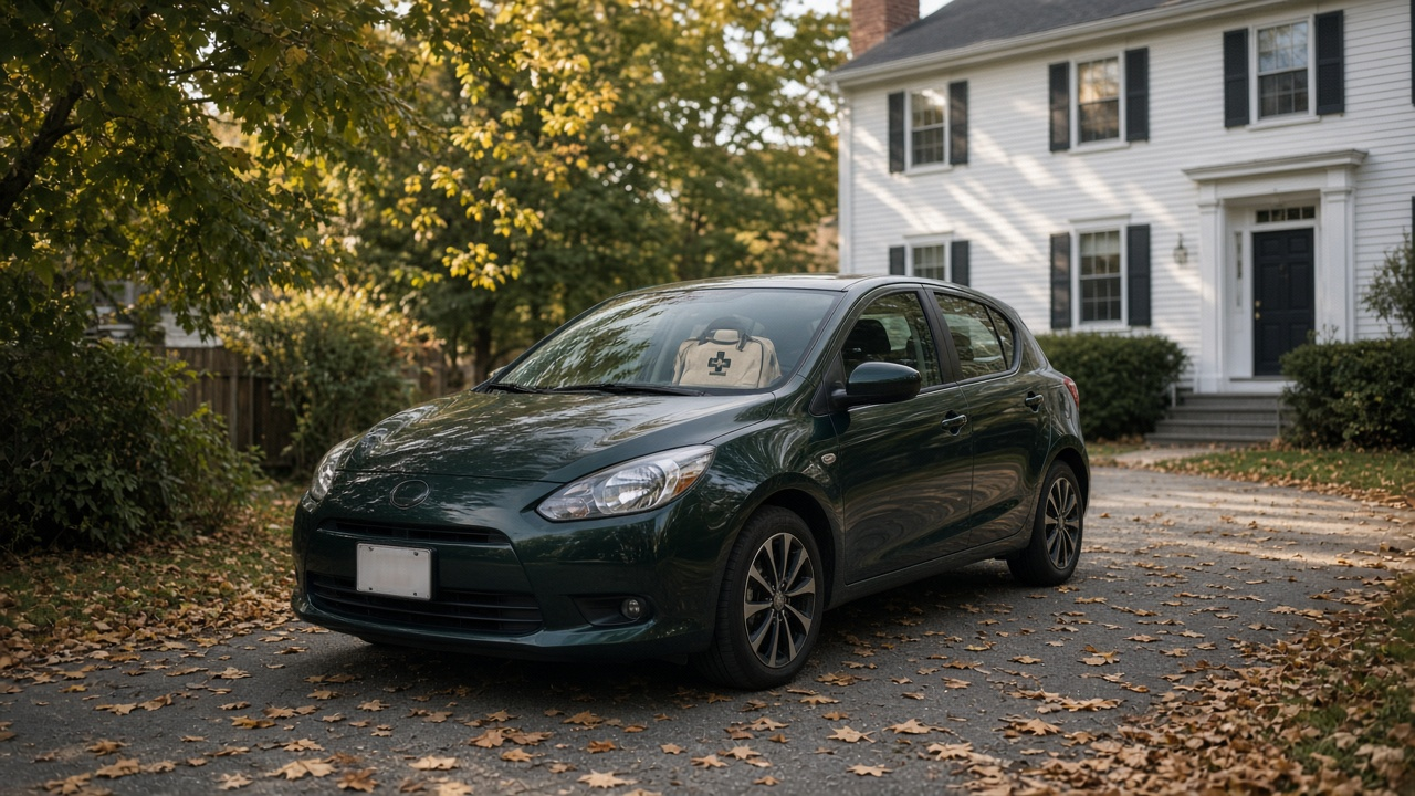 A car parked in a leafy driveway before a house call